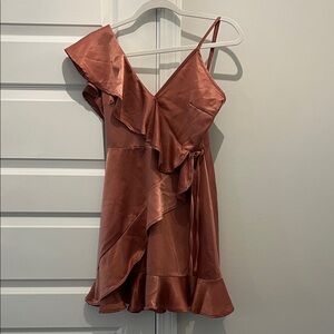 Elegant Rust Ruffle Wrap Dress